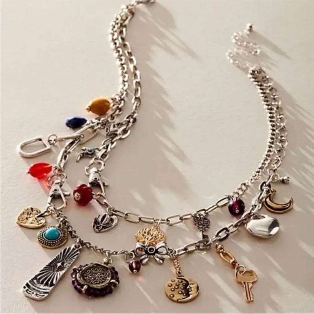 Free People Silver-Toned Multi-Charm Necklace with Colorful Gem Accents - Picture 3 of 6